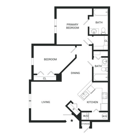 Floor plan for 2 beds, 2 baths, 904 sqft